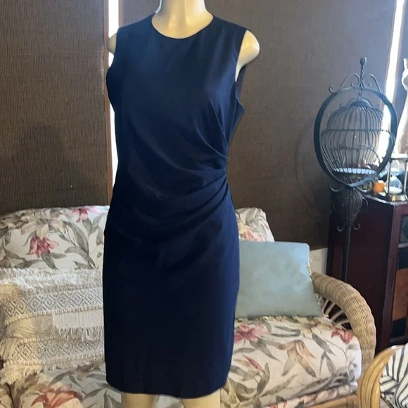 NWT Theory Sleeveless Front Ruching Sheath Dress, Sea Blue - Picture 12 of 15